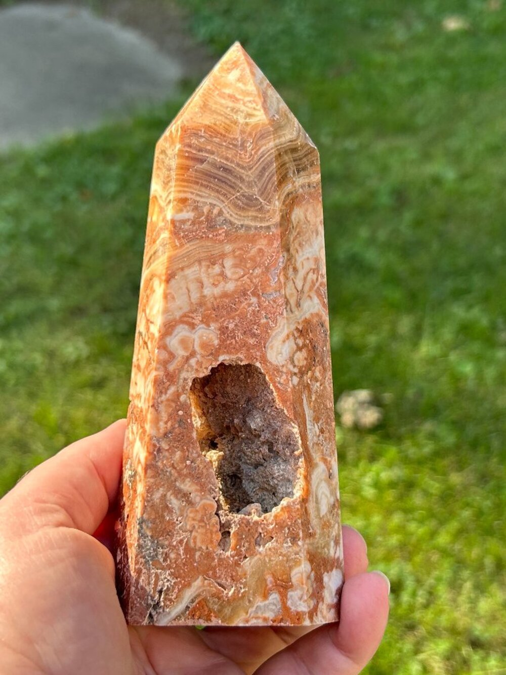 6” Banded Calcite Tower with Natural Druzy Vug – 1 lb 2 oz